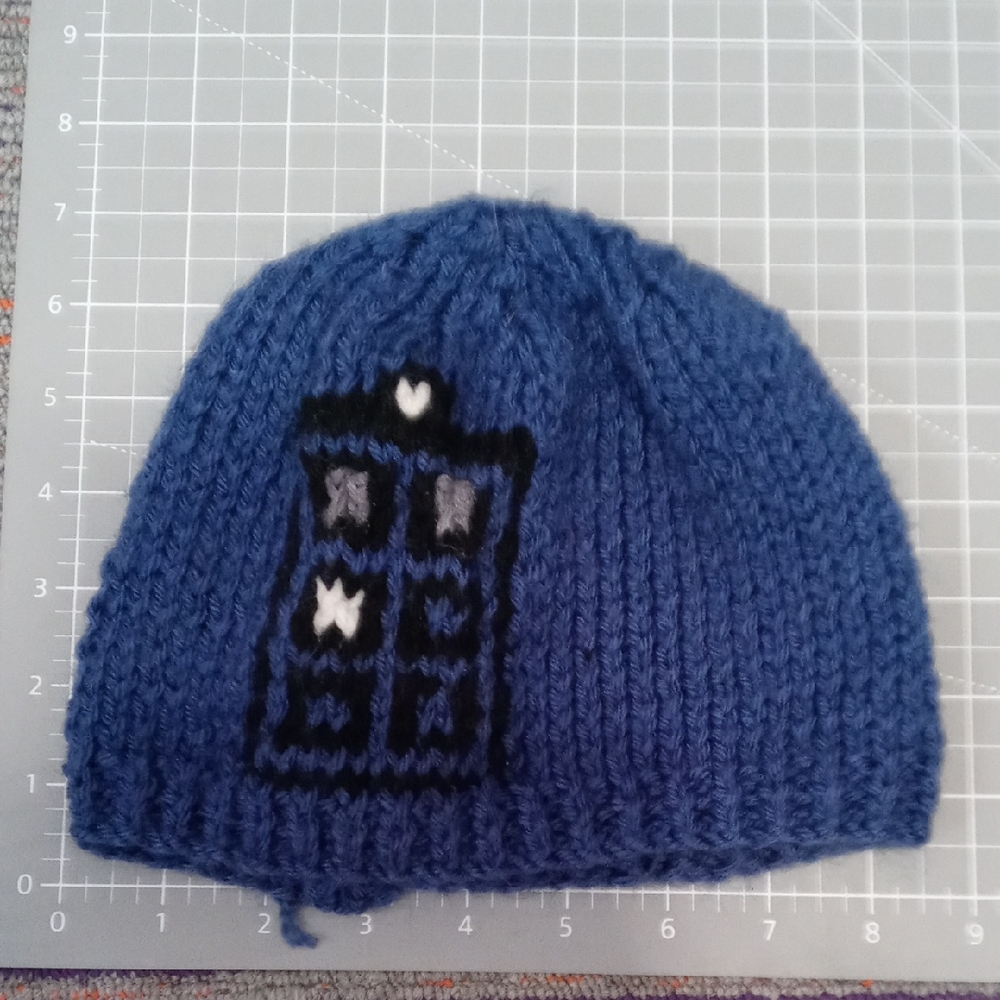 Cozy Blue Knit Kids Beanie with TARDIS Design